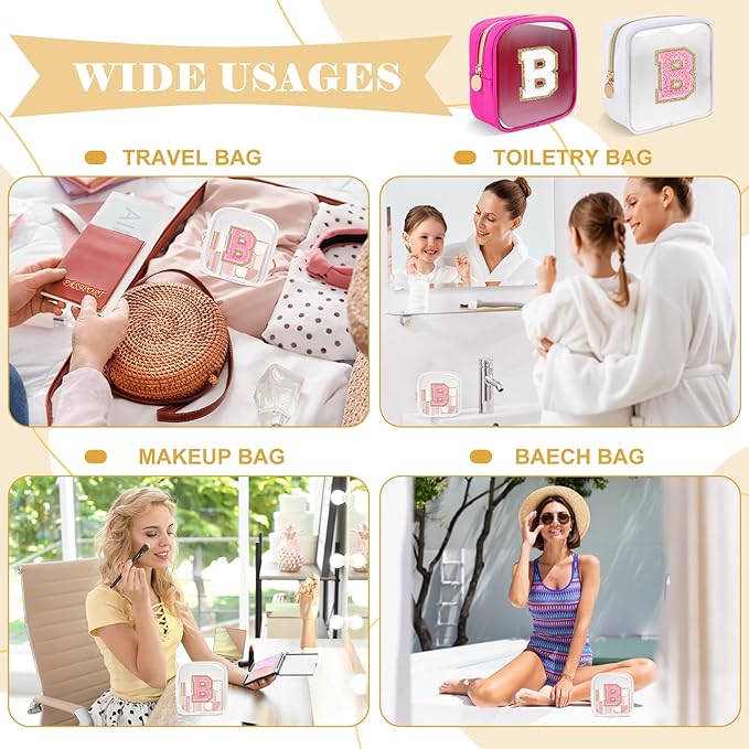 Personalized Initial Letter Clear Preppy Makeup Bag,Mini Nylon Chenille Letter Cosmetic Bag Cute Zipper Pouch Purse for Teen Girls,Portable TSA Approved Beach Travel Essentials Bag Gift for Women,B