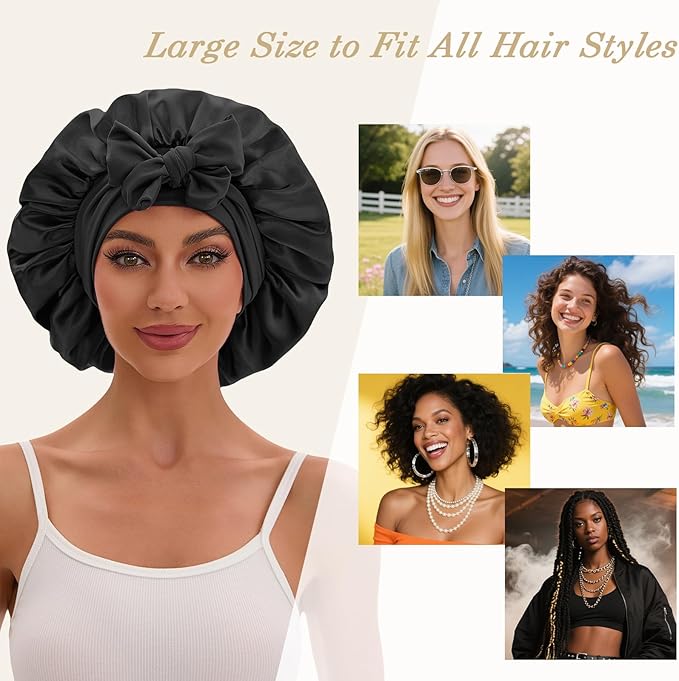 YOHTAS Satin Hair Bonnet for Sleeping Women, Double Layer Silk Bonnets for Women with Tie Band, for Braids Curly Long Hair