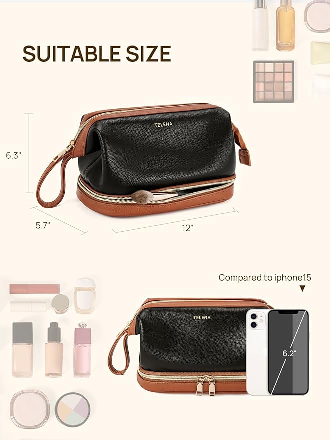 Telena Makeup Bag Large Capacity Travel Cosmetic Bag Portable PU Leather