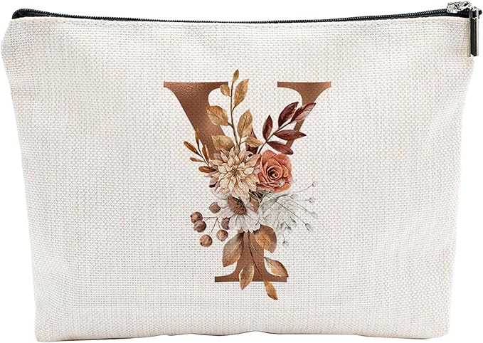YKYENR A-Z Boho Personalized Cosmetic Bag-Floral Cotton Letter Makeup Bag With Zipper-Artistic Cosmetic Bag For Travel-Bride,Birthday Gift For Women Daughter Friends-Women Makeup Organizer-A25