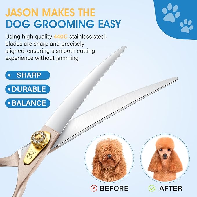 JASON Dog Grooming Curved Scissors - 7.5" Professional Pet Shears Ergonomic