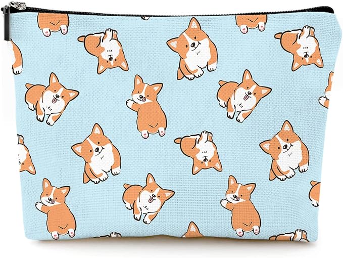 Givotin Cute Makeup Bag for Purse Canvas Waterproof Funny Cosmetic Bags for Women Zipper Travel Toiletry Pouch-Corgi Makeup Bags