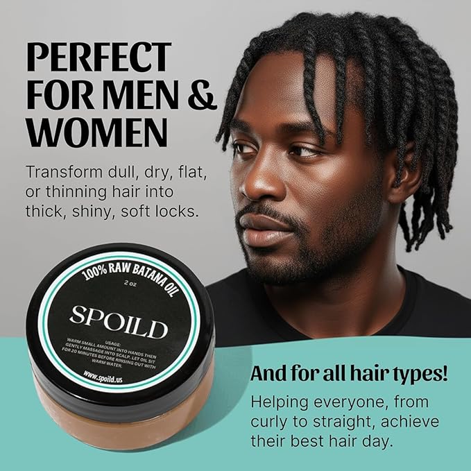 SPOILD Raw Batana Oil for Hair Growth - 100% Organic & Unrefined, Sourced from Honduras - Hair Thickening & Strengthening Oil - Reduces Hair Loss, Adds Shine & Repairs Damaged Hair, 2 oz