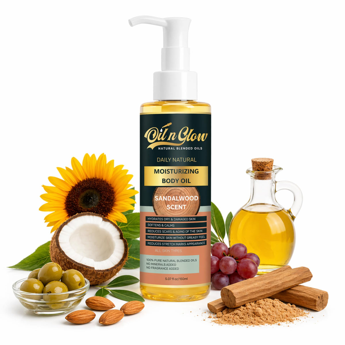 OilnGlow Pure Natural Hydrating Body Oil After Shower With Coconut, Jojoba, Olive & Almond Non-Greasy Moisturizing Oil For Women & Men Dry Skin 5.07 fl oz/150ml-Sandalwood Scent