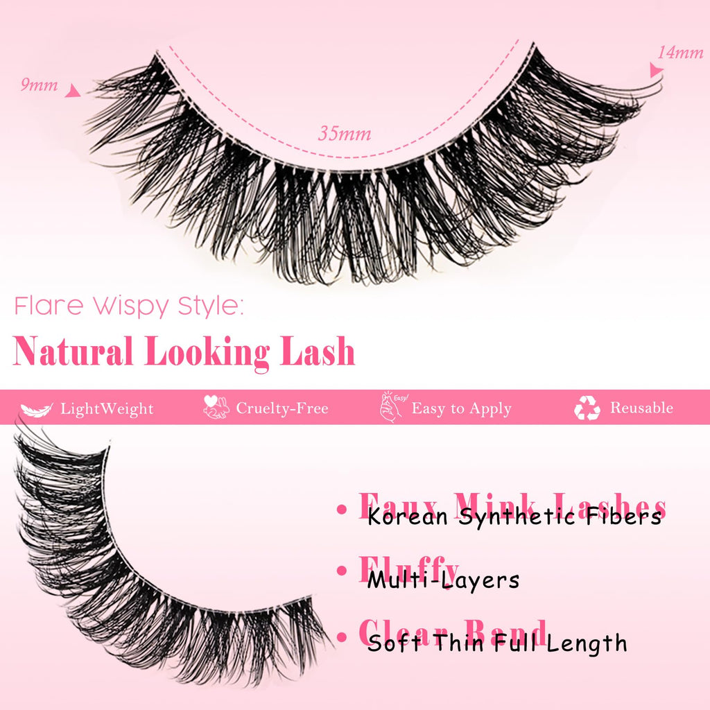 FARRED Natural False Eyelashes Cat Eye Lashes Strips Invisible Band Fake Mink Strip Lash Wispy Thin Clear Band Cateye Eye Lash Pack Full Volume Medium Length 8-14 mm Short Wispies Pestañas Postizas