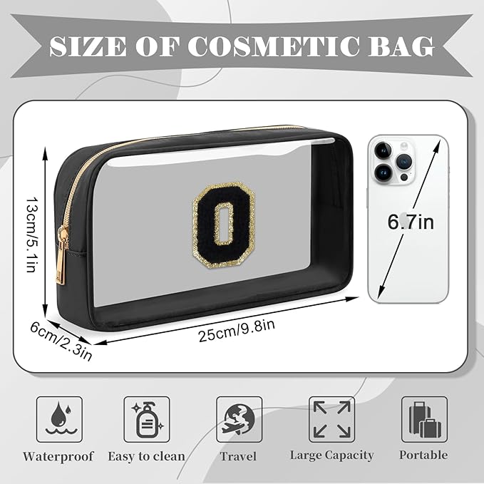 UIXIZQ Personalized Initial Letter Clear Makeup Bag,Preppy Small Nylon&PVC Cosmetic Zipper Bag with Chenille Letter,Travel Skincare Toiletry Bag,Monogram Christmas Gift for Teen Girls Women,O