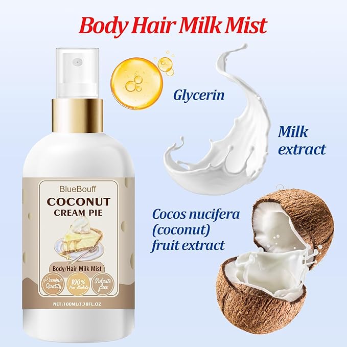BlueBouff Body Hair Milk Mist, Hydrating And Moisturizing Spray, Long-Lasting Fragrance, Natural Hydrating And Moisturizing Body Mist(Coconut)
