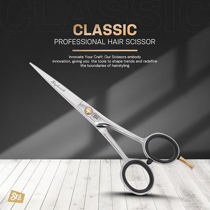 Stylonik Hair Cutting Scissors-Professional Hairdressing Scissors for Women,Men,Hair Stylists,Salon,Barber- 6.5-Inch Stainless Steel Hair Scissors with Finger Rest (Classic Scissor Shinny Polish)