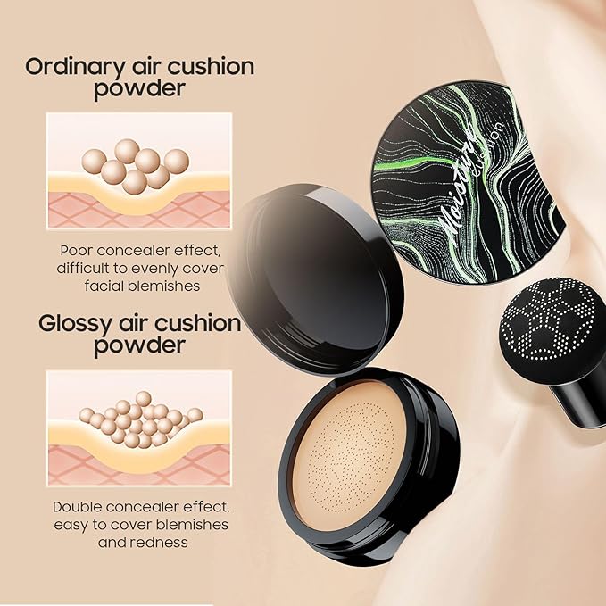 Air Cushion CC Cream Mushroom Head Foundation, Full Coverage Self Adjusting Concealer Vegan Formula Sweat-Proof, Matte Concealer Easy to Use (Deep)