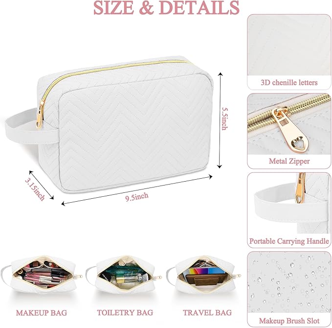 Personalized Initial Makeup Bag Trendy Stuff Leather Waterproof Cosmetic Bag Travel Toiletry Bag, Makeup Organizer Case Mother's Day/Birthday/Graduation Gifts for Women Girls Mom Girlfriend White.
