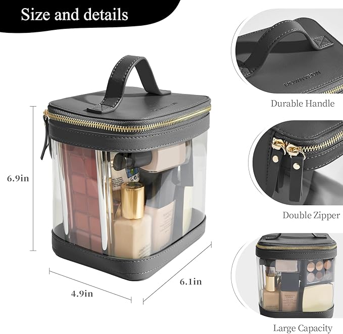 ROWNYEON Clear Makeup Bag, Travel Toiletry Bag Transparent Cosmetic Case with Zipper, Portable Make Up Organizer Clear Car Bag for Essentials with Handle (Black)