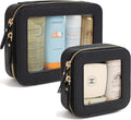 KOTORA Clear Sunscreen Makeup Bag Organizer Set,Portable Travel Toiletry Case for Women, Vegan Leather Cosmetic Pouch Beach Essentials Make Up Bag Organizer Storage Traveling (Black)