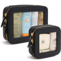 KOTORA Clear Sunscreen Makeup Bag Organizer Set,Portable Travel Toiletry Case for Women, Vegan Leather Cosmetic Pouch Beach Essentials Make Up Bag Organizer Storage Traveling (Black)