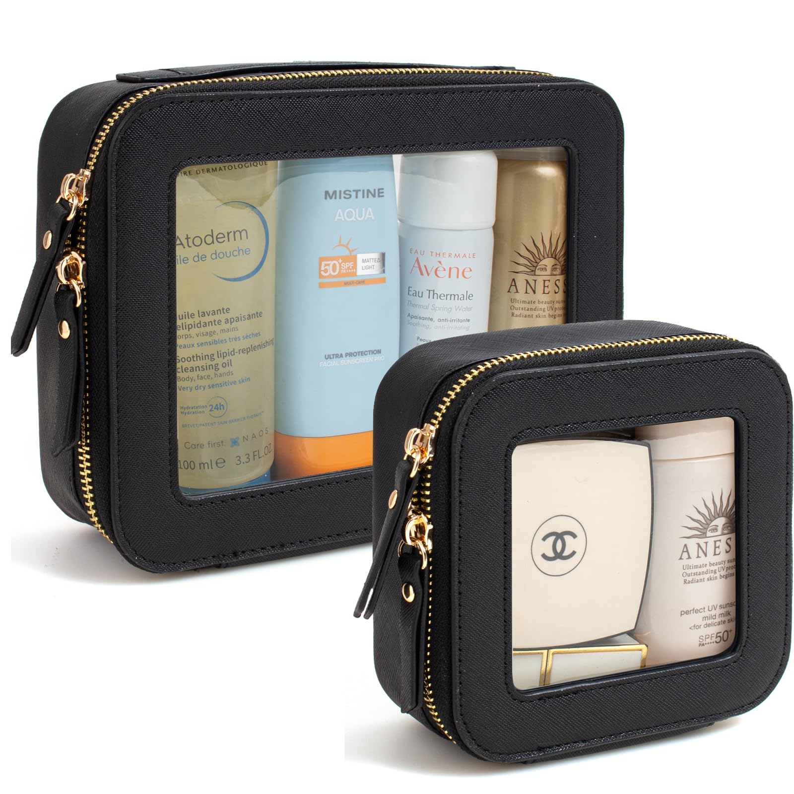 KOTORA Clear Sunscreen Makeup Bag Organizer Set,Portable Travel Toiletry Case for Women, Vegan Leather Cosmetic Pouch Beach Essentials Make Up Bag Organizer Storage Traveling (Black)