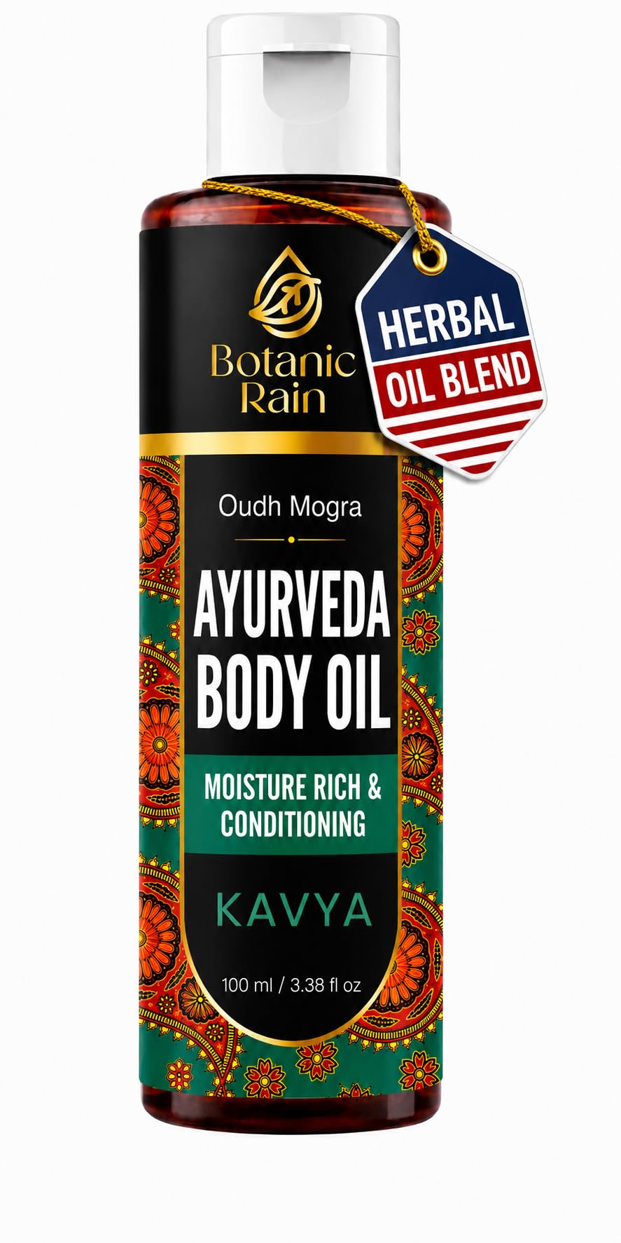 Botanic Rain Ayurveda Body Oil for Dry & Crepey Skin – Non-Greasy After Shower Lightweight Moisturizer with Oudh & Mogra