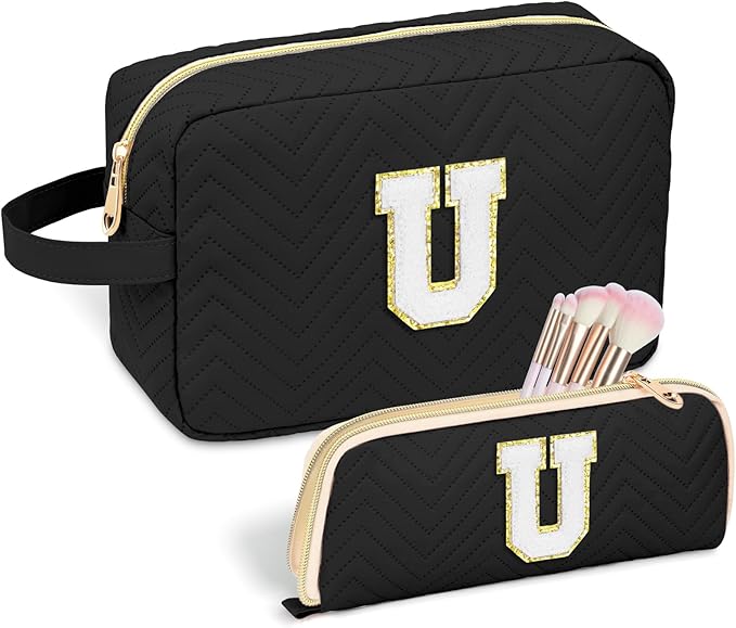 Sernaxi Personalized Initial Makeup Bag Waterproof Leather Cosmetic Bag Travel Toiletry Bag, Valentine’s Day Gift Makeup Organizer Case & Makeup Pouch for Women Teen Girls Mom Girlfriend Wife