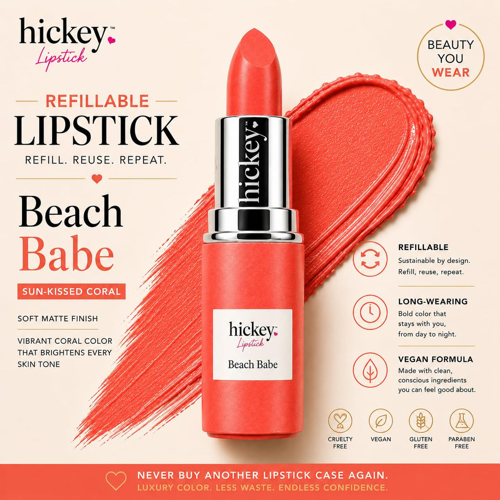 Hickey Lipstick Refill – Beach Babe (Coral), Hydrating Jojoba Oil, Vegan