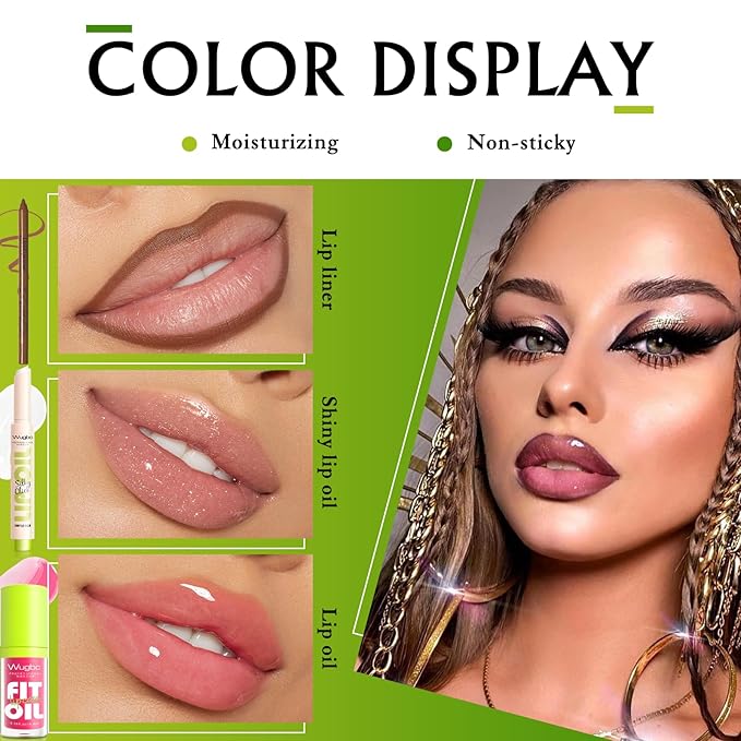 Wugbc Brown Lip Liner Pink Lip Oil Gloss Click Lip Balm Clear Shimmer, Hydrating Lipstick Tinted Lip Oil for Women Makeup, Lightweight Non Sticky Liquid Lipstick Lip Liner Pencil Combo Set