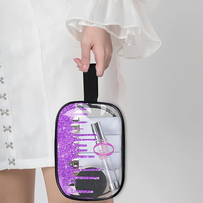 KFNHN Personalized Name Clear Toiletry Bag, Large Travel PVC Cosmetic Bag Portable Makeup Organizer Bag for Women Bathroom Shower Essentials, Dark Voilet Purple Fluid Shape Glittering