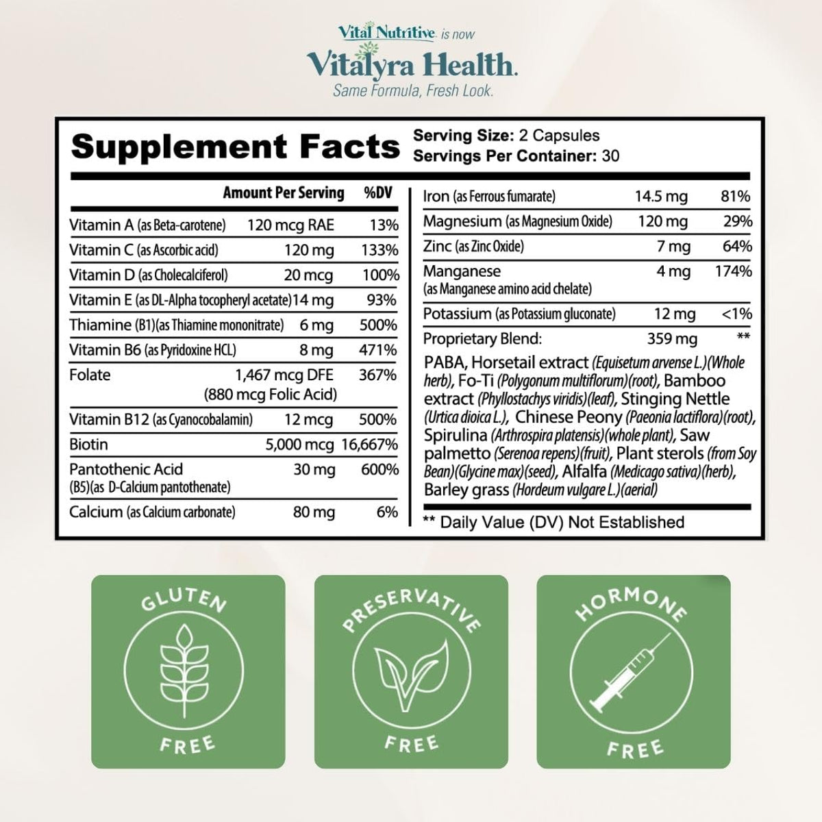VITAL NUTRITIVE Biotin Hair Growth Vitamins - Hair, Skin & Nails Supplement