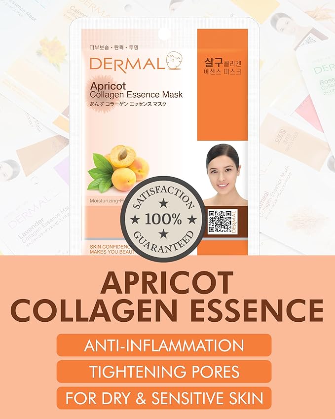 DERMAL Apricot Collagen Korean Essence Sheet Mask, Radiance, 23g, 10 Pack