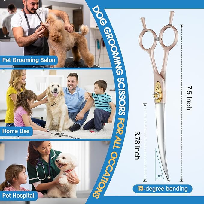 JASON Dog Grooming Curved Scissors - 7.5" Professional Pet Shears Ergonomic