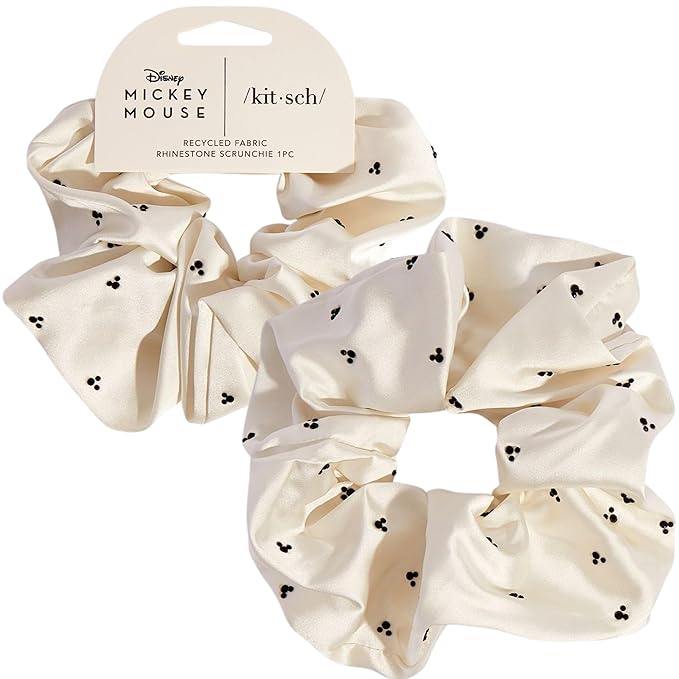 Kitsch & Mickey/Minnie Fabric Rhinestone Scrunchies for Girls and Women, Hair Scrunchies for All Hair Types, Perfect for Updo | Ideal Gifts for Women (Cream) - 1 Piece
