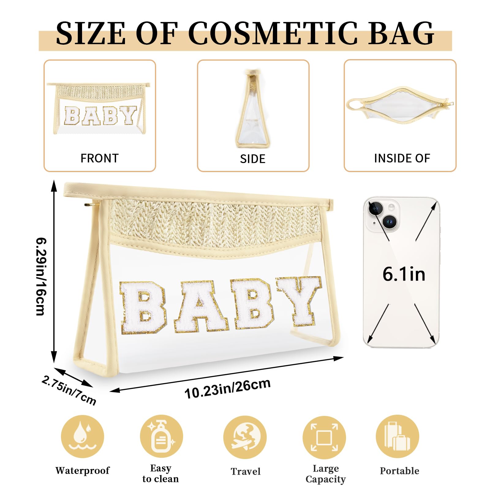 Small Boho Straw Clear Baby Makeup Bags for Women&Girls, Zipper Cosmetic Bag Chenille Varsity Letter Patch Bag, Preppy Cute Toiletry Pouch, Trendy Organizer Storage Bag for Beach Travel Essentials