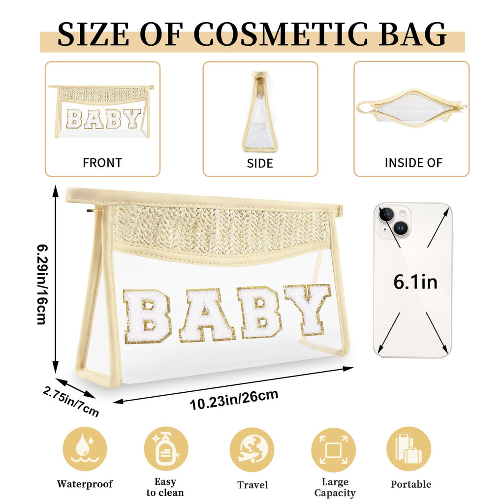 Small Boho Straw Clear Baby Makeup Bags for Women&Girls, Zipper Cosmetic Bag Chenille Varsity Letter Patch Bag, Preppy Cute Toiletry Pouch, Trendy Organizer Storage Bag for Beach Travel Essentials