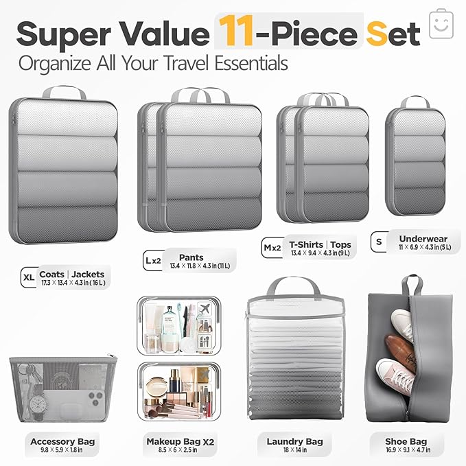 Veken 11 Set Compression Packing Cubes Garment Bags for Travel Essentials,Compressible Expandable Luggage Organizer Bags for Clothing,Space Saver Bags with Over 1000 pcs of Mesh Holes(Gray)
