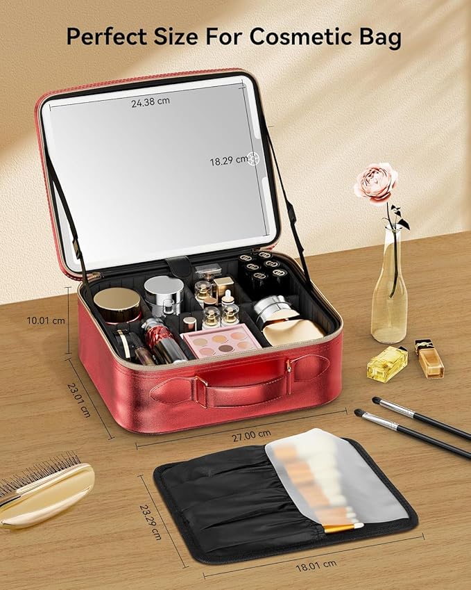 JUSRON Portable Makeup Artist Organizer Bag with Adjustable Dividers, Makeup Brush Holder Storage (Red, Medium)