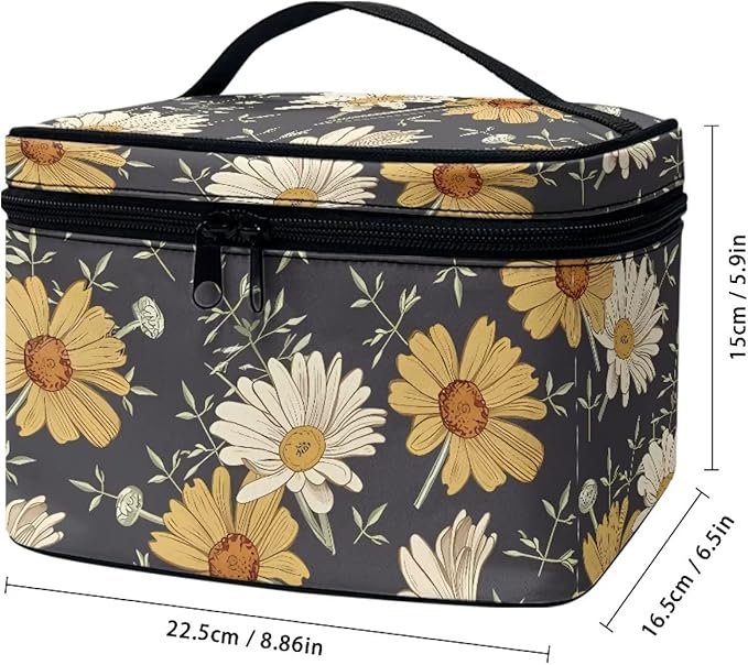 Drydeepin Cottagecore forest Daisy Flower Pattern Travel Makeup Bag for Women,Multifuntional Makeup Organizer,Large Capacity Cosmetic Bag,Toiletry Bag for Women with Zipper and Portable Handle