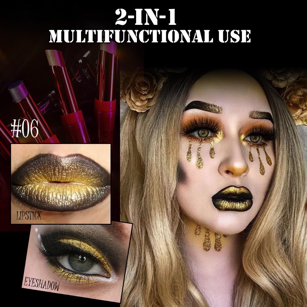 AMY'S DIARY Shimmer Gold Black Lipstick Long Lasting Metallic Lip Liner Shimmer for Women Makeup Double Colors Eyeshadow Stick Hydrating Highly Pigmented Coverage Non Stick Cup Lips makeup