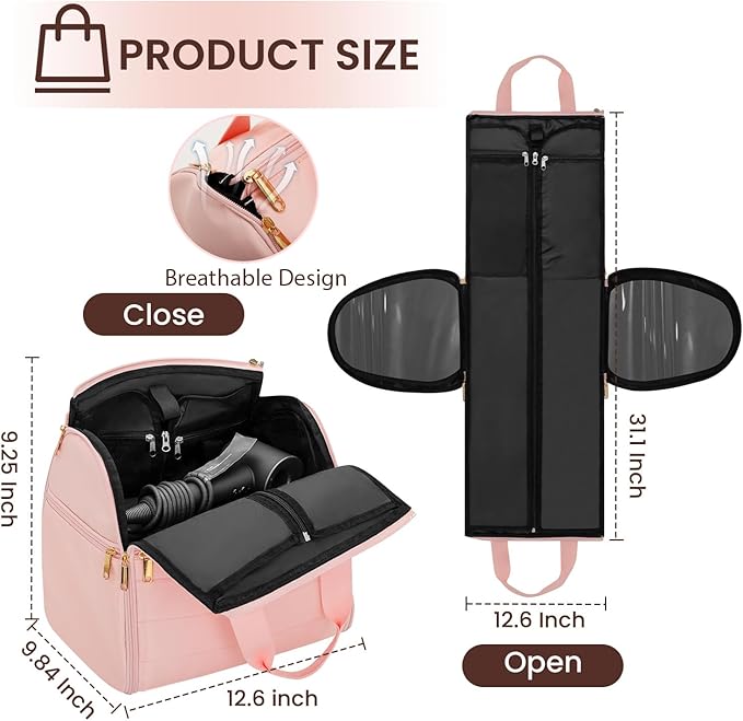 Wig Storage Bag Holds 3 Wigs Hair Tools Travel Bag Full-Open Breathable Organizer Case for Clips, Hair Dryer, Flat Curling Iron Brushes,Cosmetic Toiletry Tote Valentine's Gift for Women Stylist