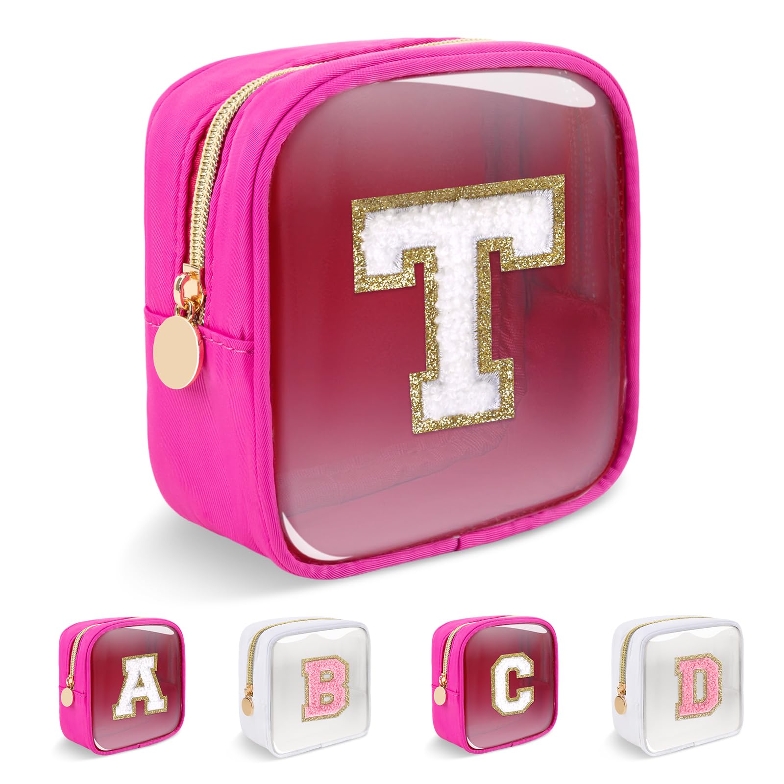 Personalized Initial Letter Clear Preppy Makeup Bag,Mini Nylon Chenille Letter Cosmetic Bag Cute Zipper Pouch Coin Purse for Teen Girls,Portable TSA Approved Travel Essentials Bag Gift for Women,T