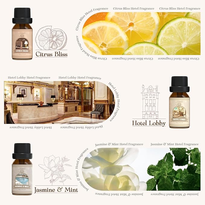 SALUBRITO Hotel Fragrance Oil Set, Luxury Essential Oil Set for Diffuser, Candle, Soap Making Scents, Bergamont & Ylang-ylang, White Tea, Lemon & Thyme, Citrus Bliss, Lemon Tuberose, Jasmine & Mint