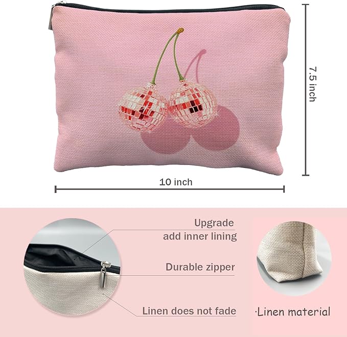 Likjad Cherry Makeup Bag - Preppy Hot Pink Disco Ball Gift for Women, Teachers, Teen Girls, and Sisters