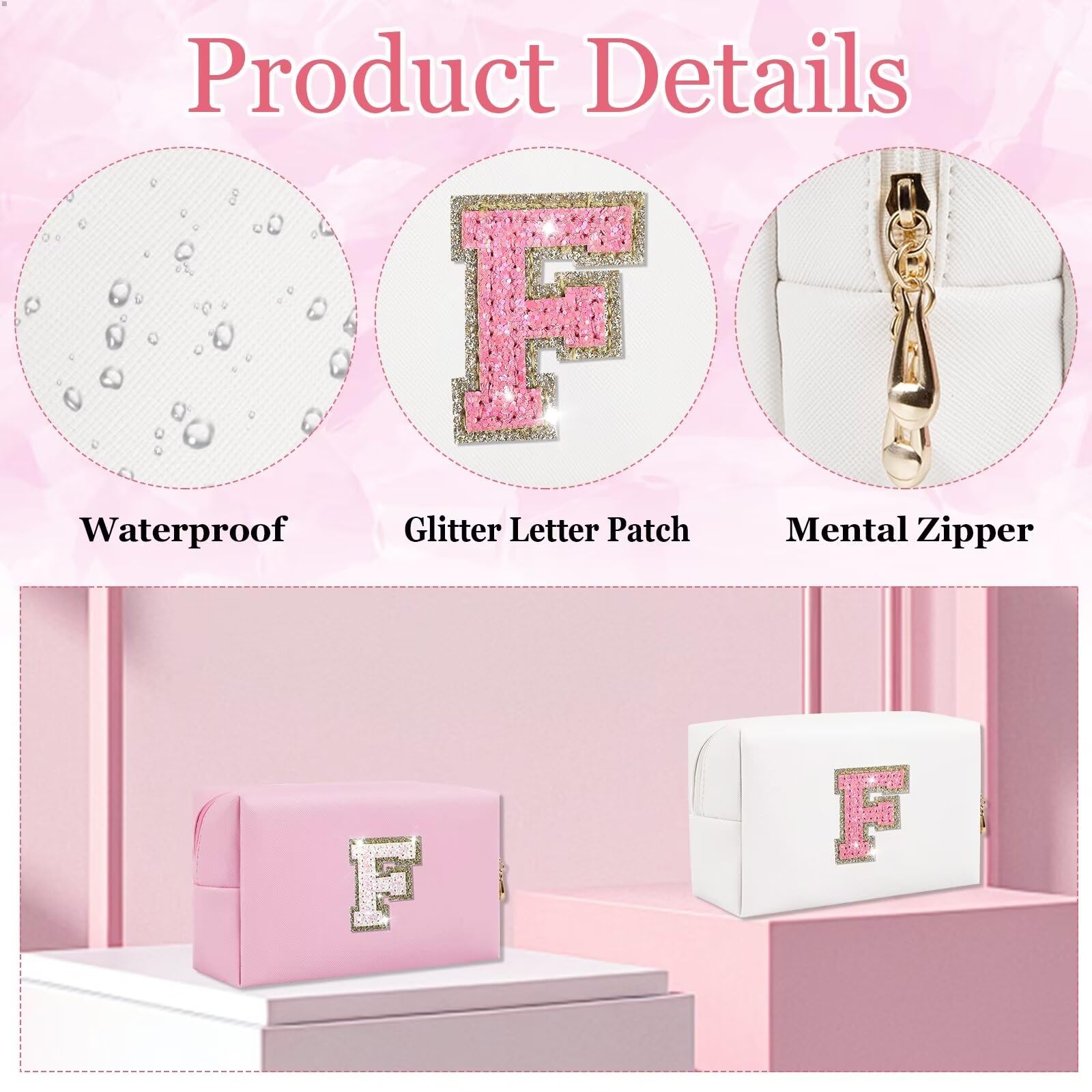 Glitter Initial Letter Makeup Bag, Small Personalized Sequins Letters PU Leather Cosmetic Bag Portable Waterproof Makeup Zipper Pouch, Shine Handbag Organizer Travel Bag Gifts for Women&Girls(White-F)