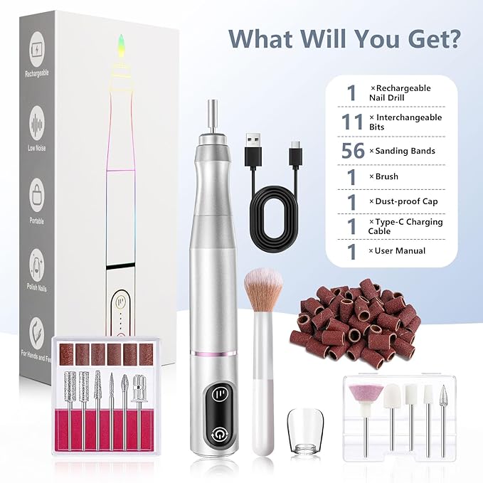 TUOBEO Cordless Nail Drill, Rechargeable Electric Nail File, 11 Bits