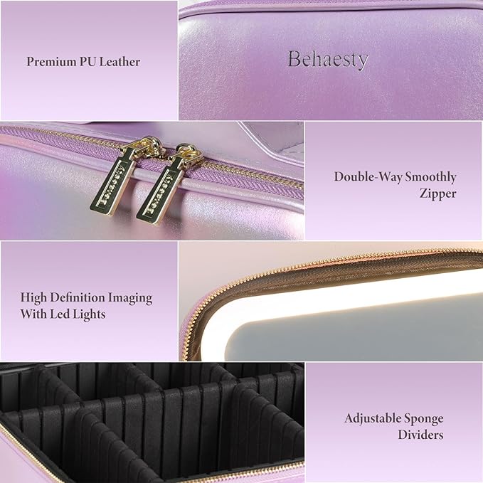 Behaesty Travel Makeup Bag with LED Lighted Mirror, Cosmetic Makeup Organizer Bag with 3 Color Setting, Makeup Train Case with Adjustable Dividers for Women Makeup Brushes Jewelry Accessories