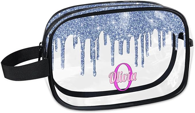 KFNHN Custom Travel Clear Cosmetic Bag with Name, Personalized Large Capacity Weekend PVC Transparent Toiletry Bag Portable Bathroom Makeup Organizer, Grey Blue Water Fluid Shape Glittering