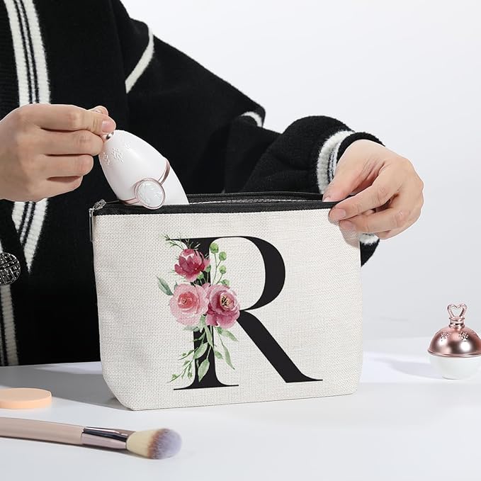 KDXPBZ Initial Makeup Bag - Personalized Gifts for Women, Bridesmaid & Birthday Gifts - Bride & Bridesmaid Cosmetic Bag (Letter R)