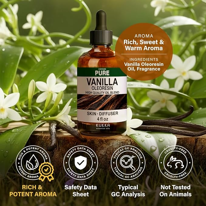 100% Pure Vanilla Oil - 4 Fl Oz Vanilla Essential Oil for Hair, Skin, Diffuser, Aromatherapy & DIY Soap Making Scent