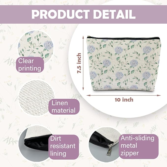 RYYCDOI Blue Hydrangea Floral Makeup Bag - Aesthetic Toiletry Pouch for Women, Hydrangea Gifts