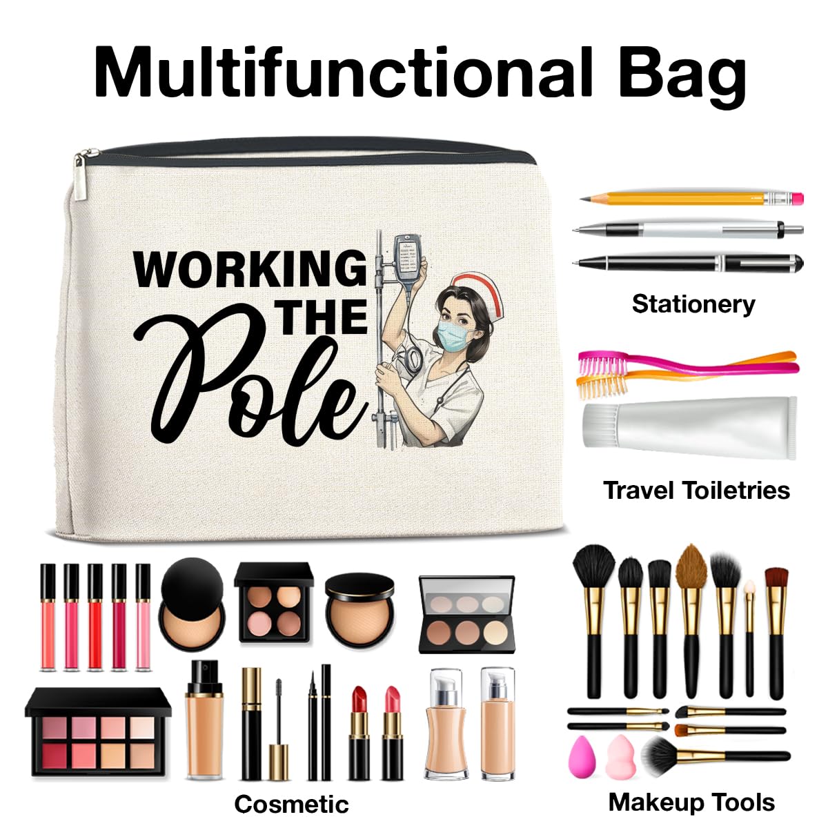 Nurse Gifts Makeup Bag, Funny Nurse ICU Nurse ER Nurse RN Appreciation Gifts, Nurse Graduation Gifts, Working The Pole Nurse Zipper Makeup Pouch