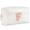 URSKYTOUS Initial Makeup Bag Personalized Preppy Travel Small Cosmetic Bag Cute PU White Chenille Letter Makeup Pouch for Purse Waterproof Zippered Toiletry Organizer for Women Girls Kids Friends (F)