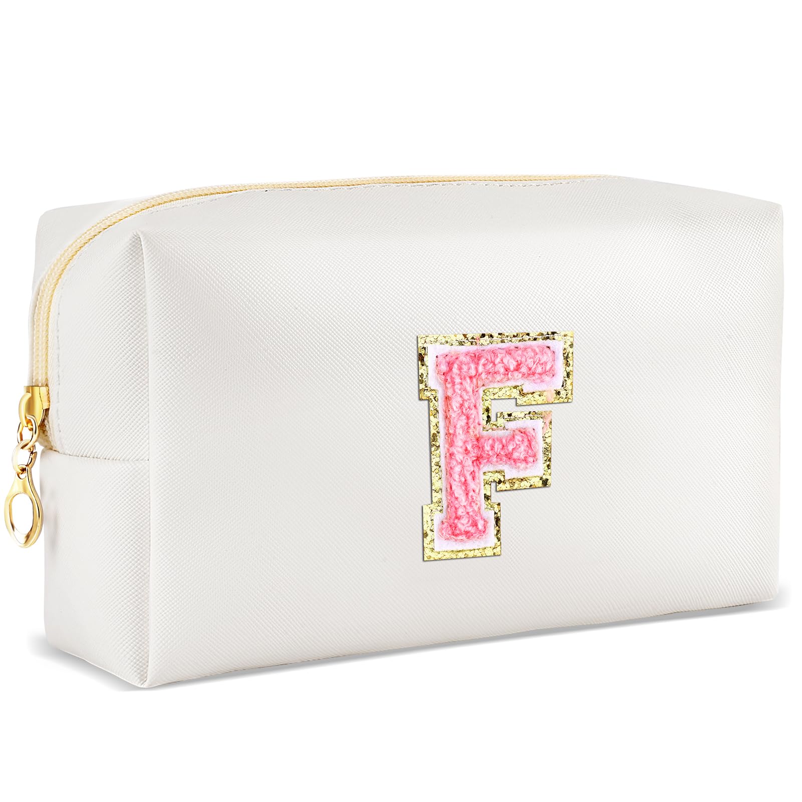 URSKYTOUS Initial Makeup Bag Personalized Preppy Travel Small Cosmetic Bag Cute PU White Chenille Letter Makeup Pouch for Purse Waterproof Zippered Toiletry Organizer for Women Girls Kids Friends (F)