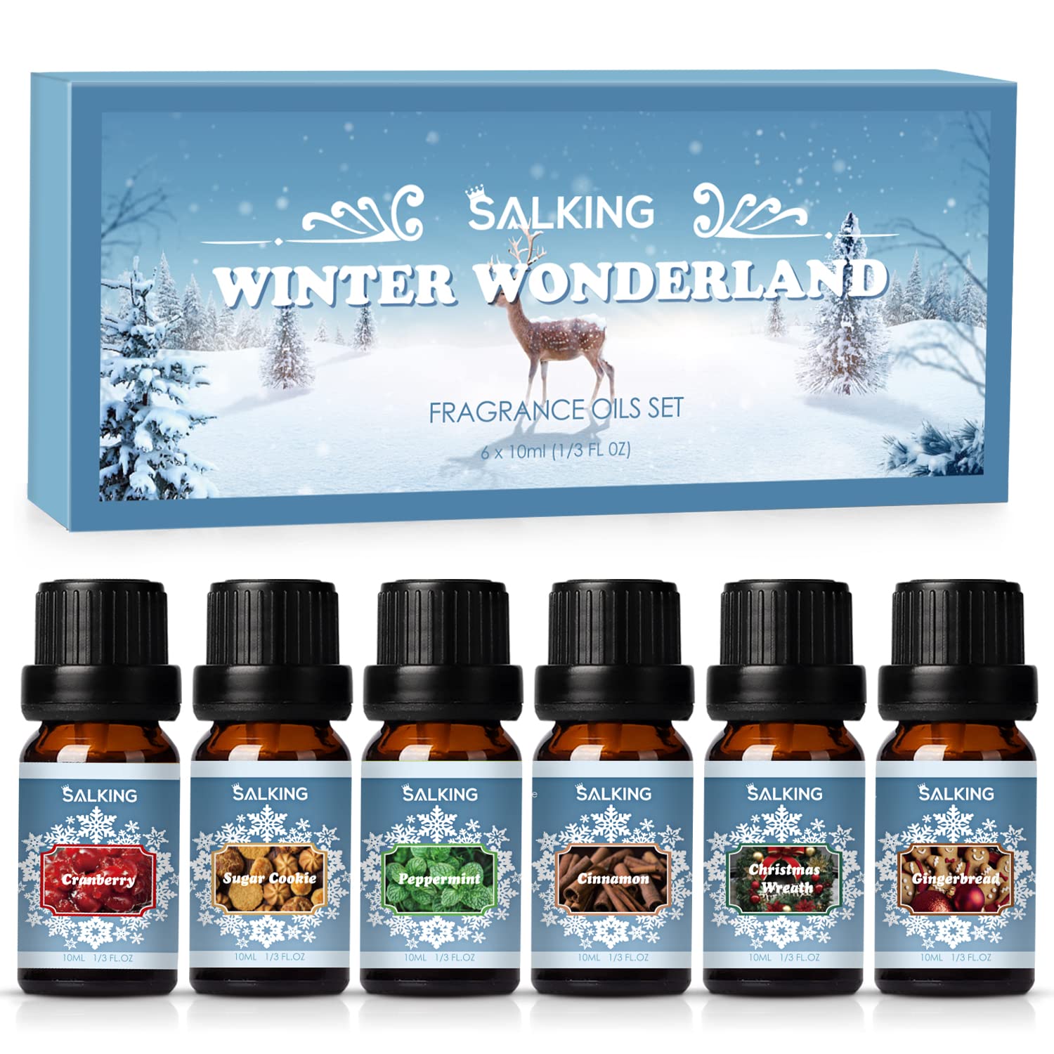 SALKING Winter Set of Scented Oils, Premium Fragrance Essential Oils Gift Set for Diffuser, Soap & Candle Making Scents - Cinnamon, Christmas Wreath, Sugar Cookie, Cranberry, Peppermint, Gingerbread