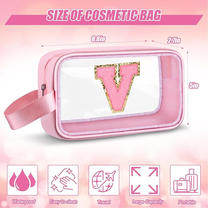 Vodolo Initial Makeup Bag,Letter V Cute Clear Monogrammed Cosmetic Travel Bag for Womens Girls,Personalized Pink Aesthetic Traveling Make Up Organizer Bag for Beach,Waterproof Toiletry Bag