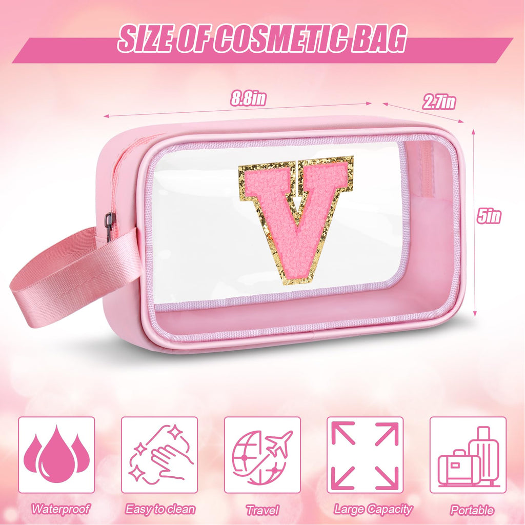 Vodolo Initial Makeup Bag,Letter V Cute Clear Monogrammed Cosmetic Travel Bag for Womens Girls,Personalized Pink Aesthetic Traveling Make Up Organizer Bag for Beach,Waterproof Toiletry Bag